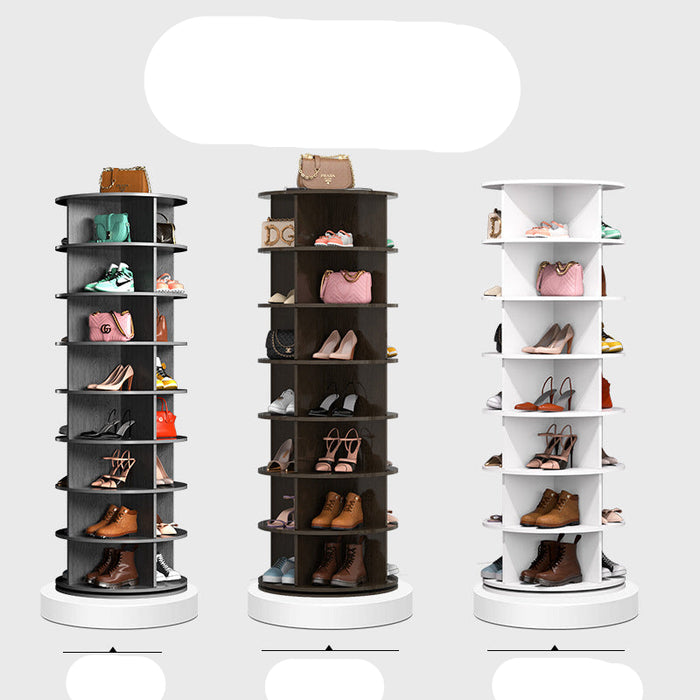 Three shoe display racks in different colors with shoes on a white background.