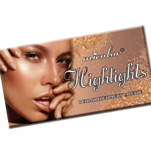 Makeup palette with 'micolor Highlights' branding and a close-up of a woman's face.