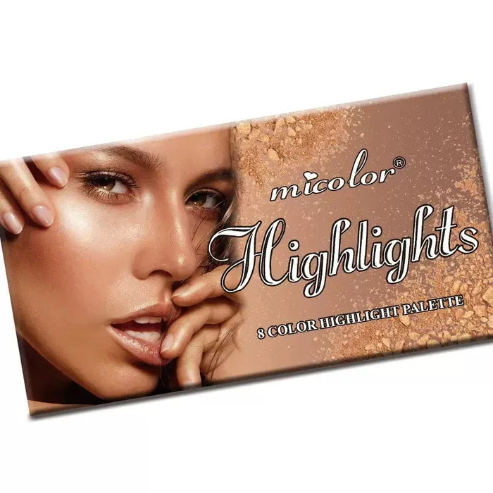 Makeup palette with 'micolor Highlights' branding and a close-up of a woman's face.