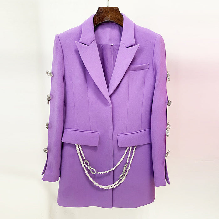 Purple blazer with pearl details on a white background