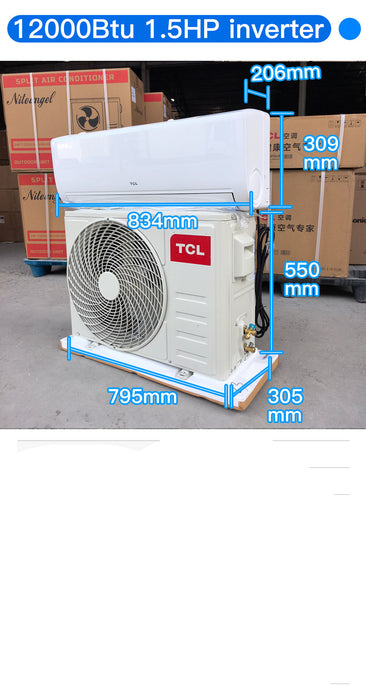TCL air conditioner with dimensions and specifications displayed