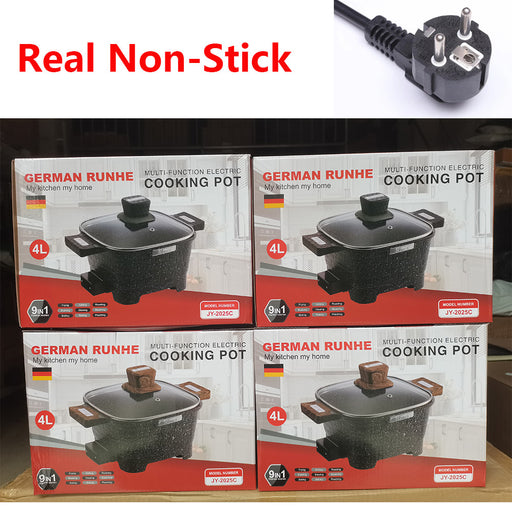 Four boxes of German Runhe cooking pots with a power cord on a table.