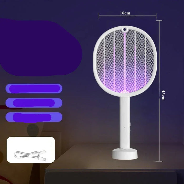 Electric fly swatter with dimensions and features on a dark background