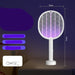 Electric fly swatter with dimensions and features on a dark background