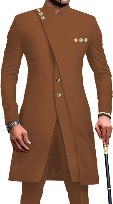 Brown traditional coat with gold buttons on a white background