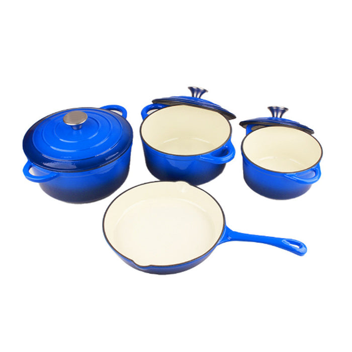 Set of blue cookware with white interior on a white background