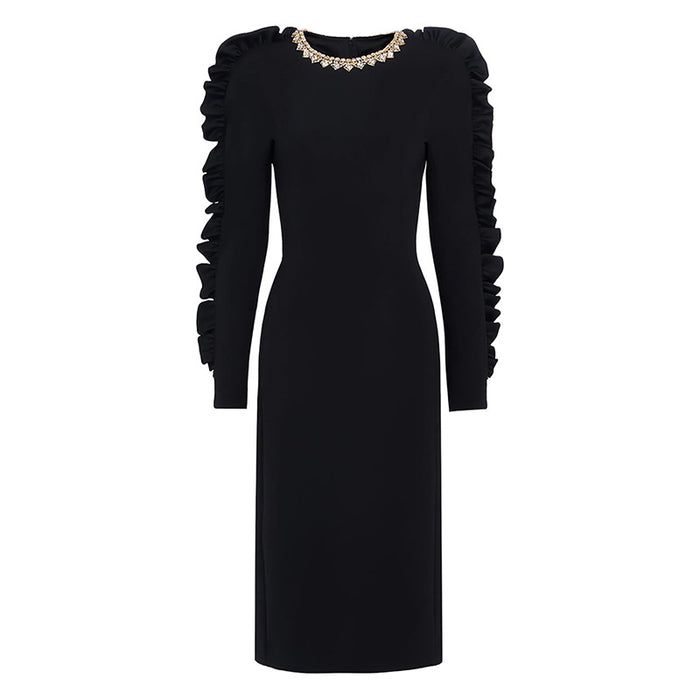 Black dress with ruffled sleeves on a white background