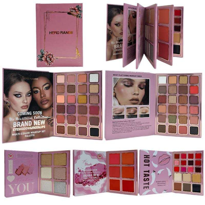 Collection of makeup palettes with pink packaging and various color swatches.