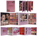 Collection of makeup palettes with pink packaging and various color swatches.