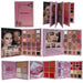 Collection of makeup palettes with pink packaging and various color swatches.