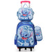 Cartoon character-themed backpack with lunch box and small bag on a white background
