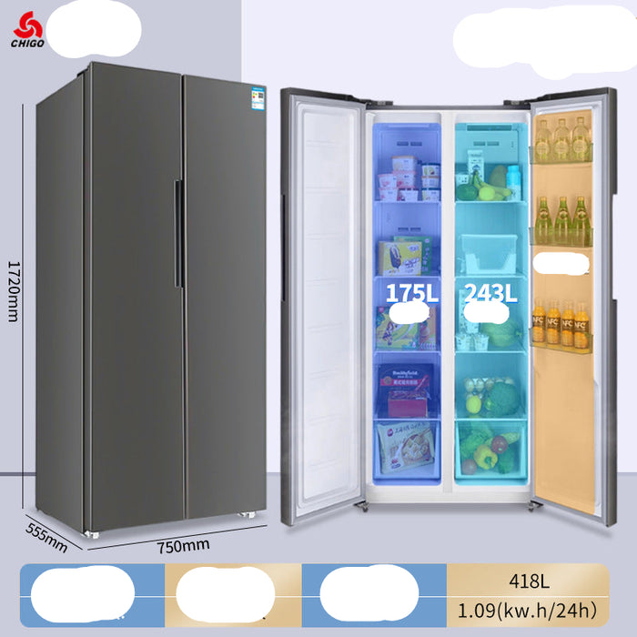 Side-by-side refrigerator with open doors showing interior compartments on a light gray background.