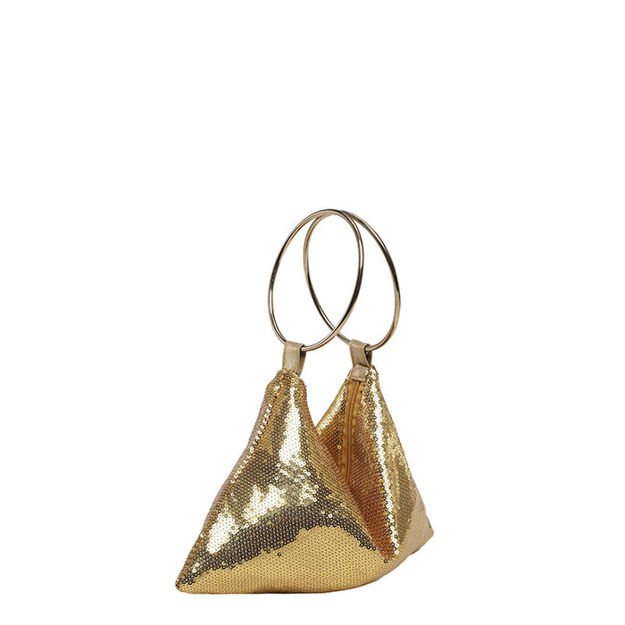Gold mesh handbag with circular handles on a white background
