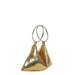 Gold mesh handbag with circular handles on a white background