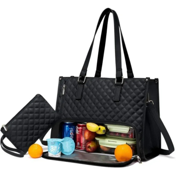 Black quilted handbag with various items including drinks and fruits on a white background