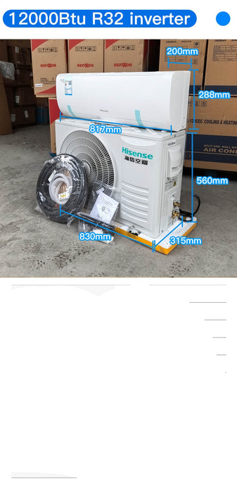 Air conditioning unit with technical specifications on a concrete floor
