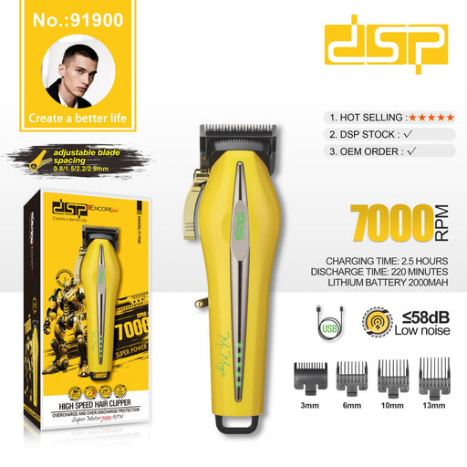 Yellow hair clipper with packaging and specifications on a white background