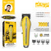 Yellow hair clipper with packaging and specifications on a white background
