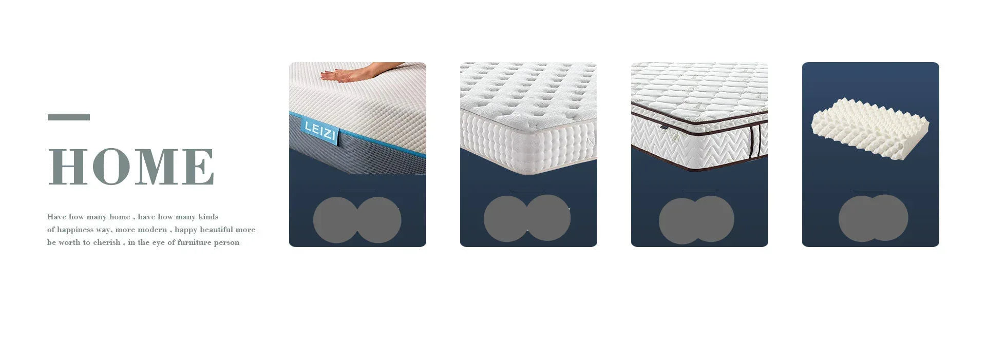 Display of mattresses and mattress parts with labels in a promotional or catalog style.