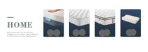 Display of mattresses and mattress parts with labels in a promotional or catalog style.