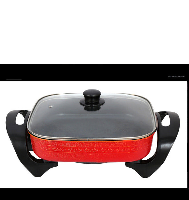 Red electric pot with black handles and lid on a white background