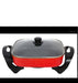 Red electric pot with black handles and lid on a white background