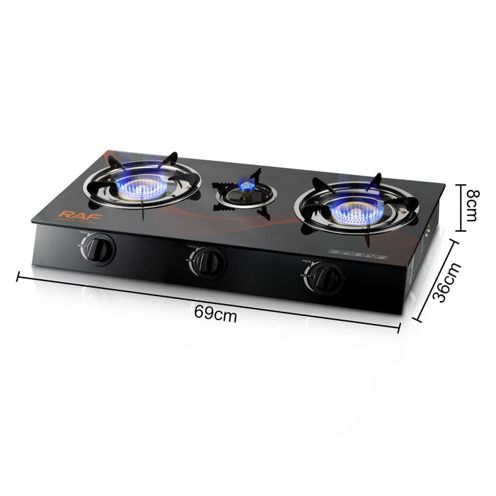 Three-burner gas stove with dimensions labeled on a white background