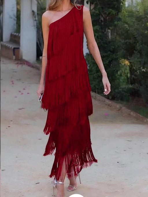 Dio Elegant Asymmetrical Sloping Tassel Evening Midi Dress - Dio Kollections