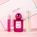 Three perfume bottles from Jean Miss on a pink background