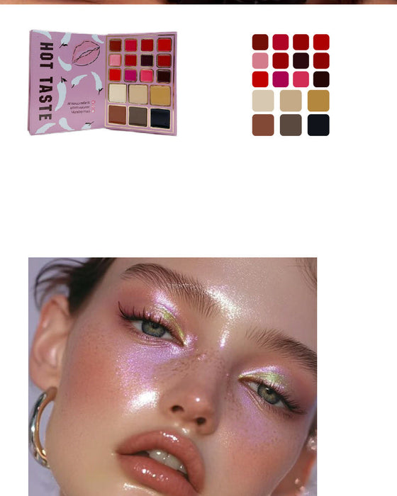 Makeup palette with color swatches and a model wearing colorful eye makeup.