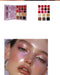 Makeup palette with color swatches and a model wearing colorful eye makeup.