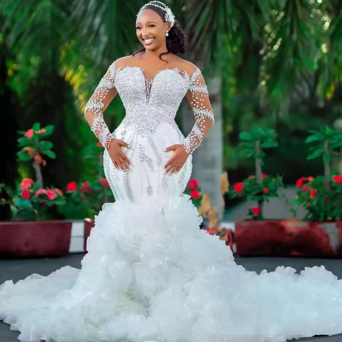 Dio Deep V Rhinestone Lace Long-Sleeved Wedding Dress