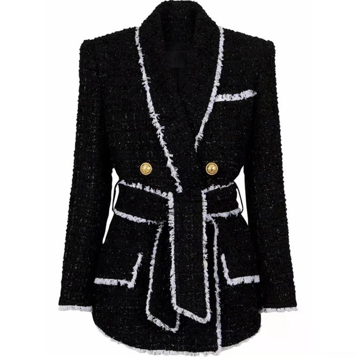 Black textured coat with white trim and gold buttons on a white background