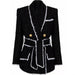 Black textured coat with white trim and gold buttons on a white background