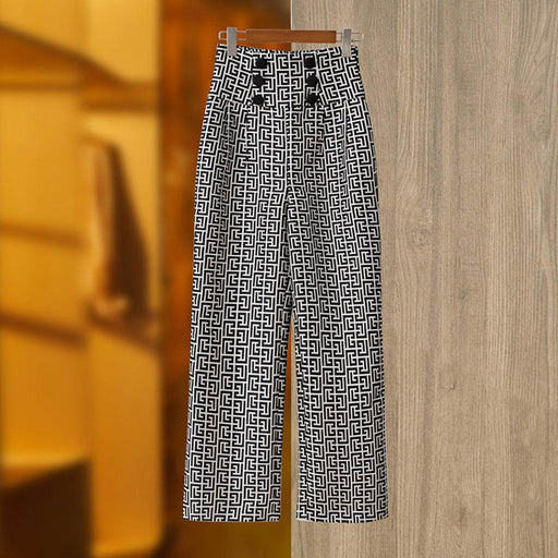 Pattern Black and White High Waist Zipper Straight Trousers Buckle Women's Casual Trousers - Dio Kollections