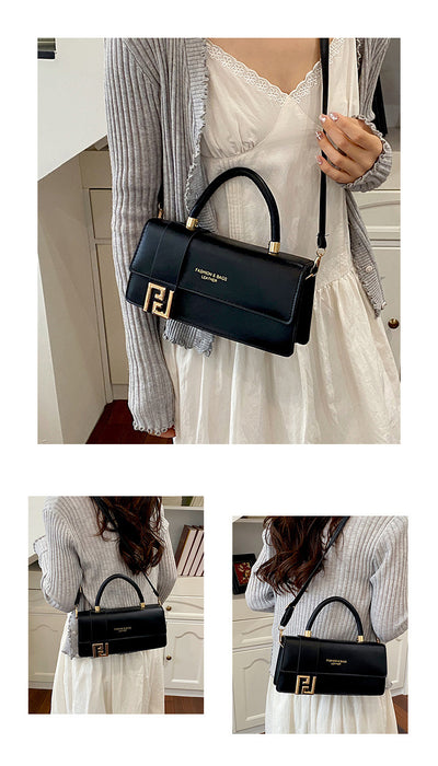 A black structured handbag with a top handle and gold-tone hardware, shown worn crossbody by a person in a white dress and gray cardigan. The collage includes a large main view and two smaller side views showing the bag from different angles.