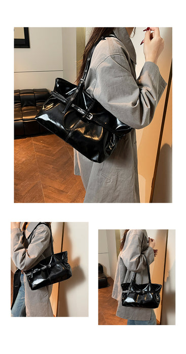 A collage showing a person wearing a large glossy black shoulder bag in an indoor setting. The main panel shows the bag worn across the torso, with two smaller side panels below showing additional angles of the same bag.