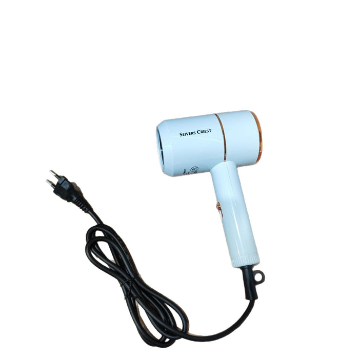 White hair dryer with black cord on a white background