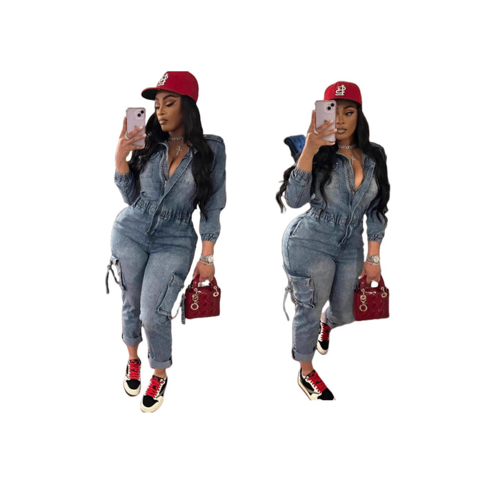Dio Luxury Women's One-Piece Waist Shaping Washed Denim Pants