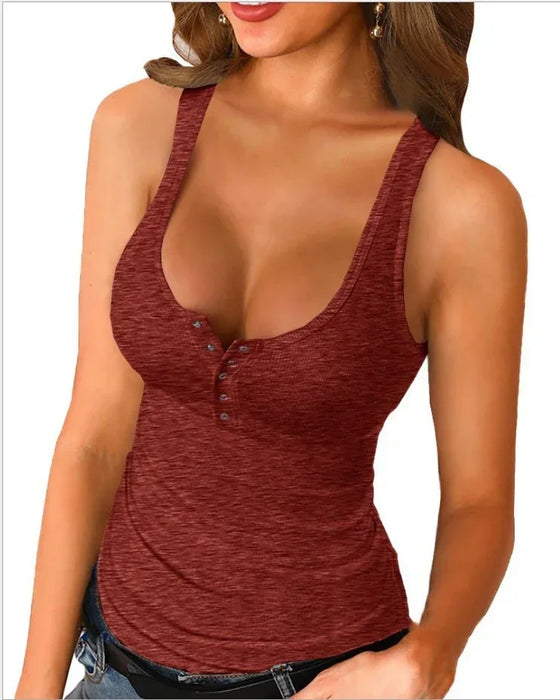 Red tank top worn by a model on a white background