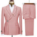 Pink suit jacket and pants on a mannequin and hanger against a white background
