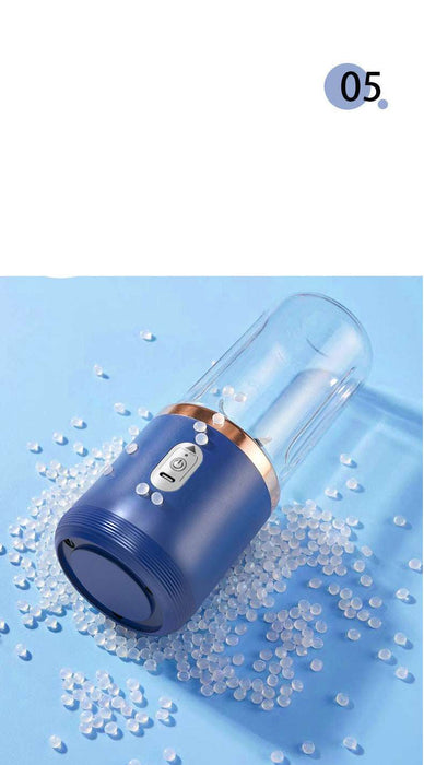 Blue portable blender on a blue background with text about food-grade material