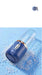 Blue portable blender on a blue background with text about food-grade material