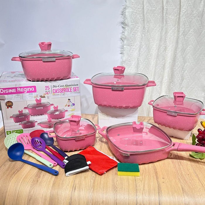 25-Piece Premium Non-Stick Medical Stone Cookware Set in Black and Pink - Dio Kollections