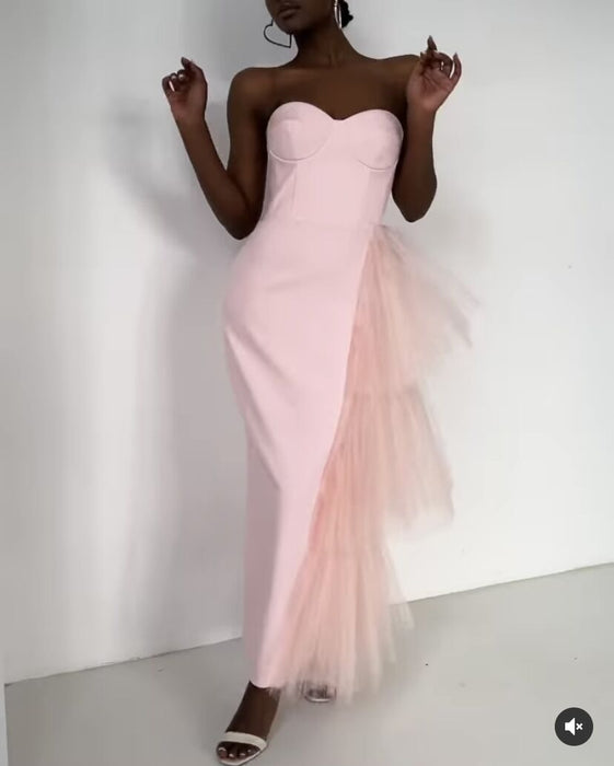 Strapless Tight Hip French Style Ladies Elegant Bandage Mesh Dress