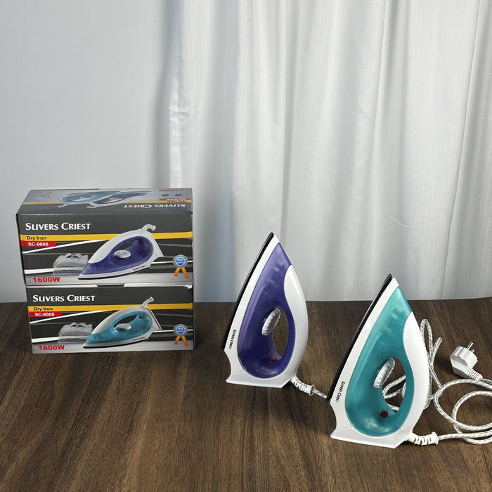 Two electric iron with blue and white design on a wooden surface next to their packaging box.