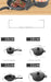 Product parameters chart showing four black cookware sizes with dimensions: 16cm milk pot, 18cm soup pot, 22cm frying pan, and 22cm soup pot, with a small photo of cooked food in pans at the top.