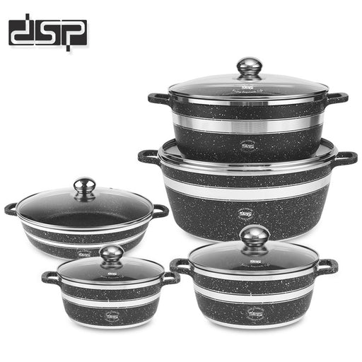 Set of black speckled cookware with lids on a white background, featuring the DSP brand.