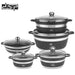 Set of black speckled cookware with lids on a white background, featuring the DSP brand.