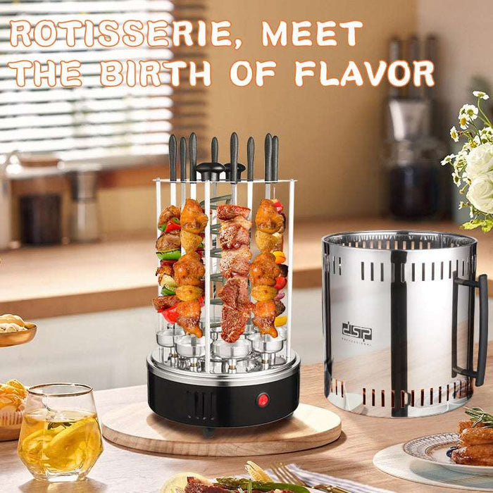 A countertop rotisserie grill set shown in a kitchen-like dining environment, with skewers cooking inside a clear cylindrical rotisserie chamber and a separate stainless steel bucket-style burner or smoker component beside it. Large overlaid text at the top reads 'ROTISSERIE, MEET THE BIRTH OF FLAVOR'.